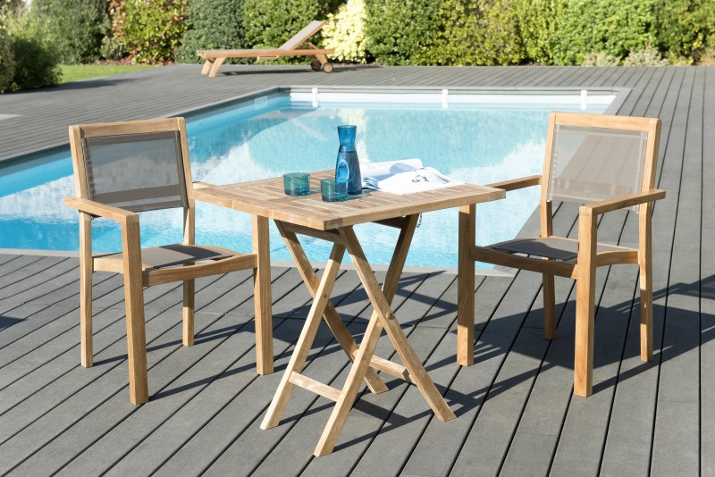 Salon de jardin en bois teck 2 pers - Table 70 cm et 2 fauteuils