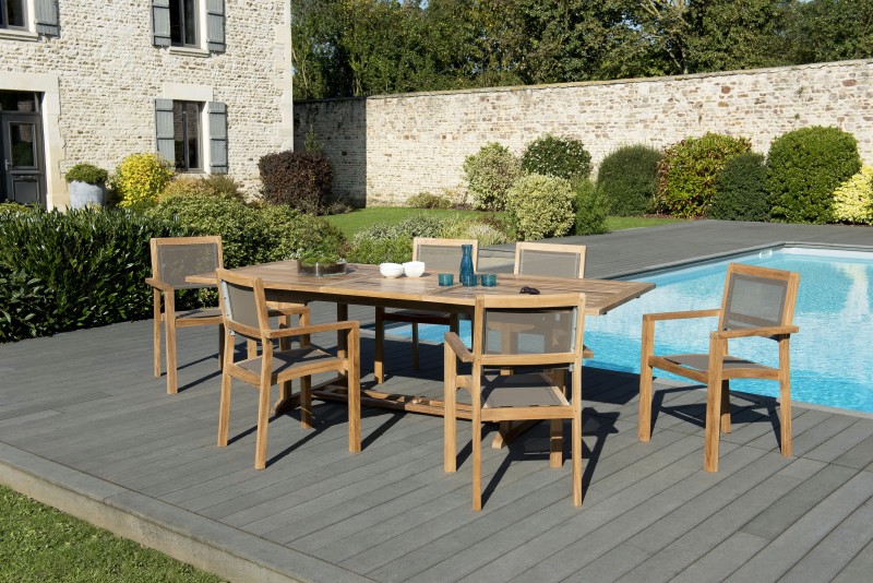 Salon de jardin en bois teck 8/10 pers - Table rectangulaire extensible 180/240*100 cm