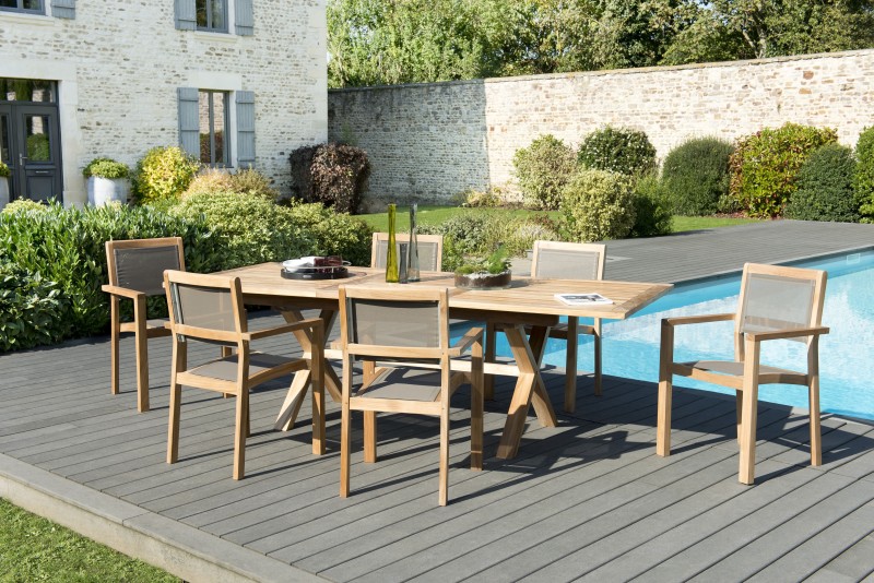 Salon de jardin bois teck 8/10 pers - Table rect. extensible - 6 fauteuils textilène taupe Salon de jardin bois teck 8/10 pers - Table rect. extensible - 6 fauteuils textilène taupe