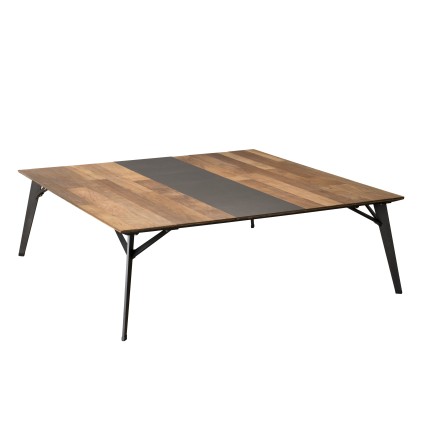Table basse carrée MAXENCE 120x120cm bois teck recyclé métal noir