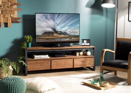 SIXTINE Brown TV Stand with 3 Drawers and 1 Shelf - Recycled Teak and Black Metal