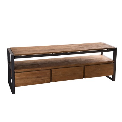 SIXTINE Brown TV Stand with 3 Drawers and 1 Shelf - Recycled Teak and Black Metal