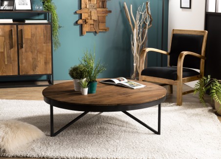 Table basse ronde marron 110x110cm en teck recyclé