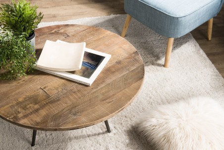 SIXTINE Round Brown Coffee Table 75x75cm - Recycled Teak with Metal Legs