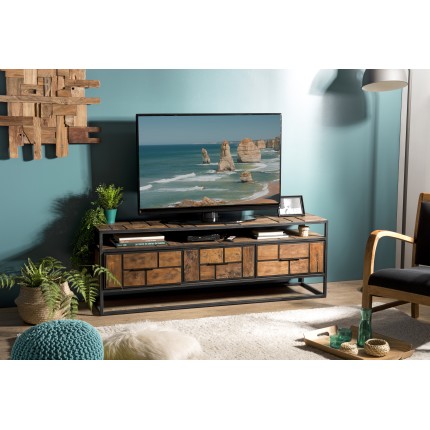 SIXTINE TV Stand - Recycled Teak Metal Black 3 Drawers 1 Shelf