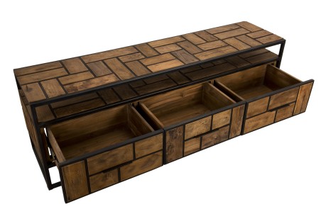 SIXTINE TV Stand - Recycled Teak Metal Black 3 Drawers 1 Shelf