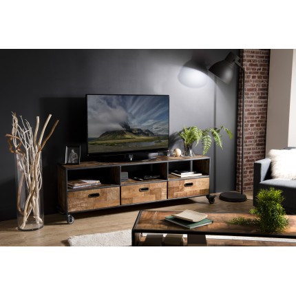 Meuble TV SIXTINE à roulettes marron 3 tiroirs 3 niches