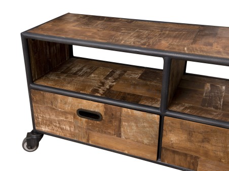 Meuble TV SIXTINE à roulettes marron 3 tiroirs 3 niches