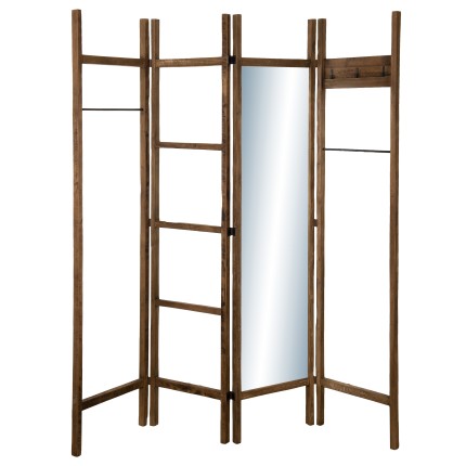 SIXTINE - Portemanteau pliable marron 4 "ventaux" miroir teck recyclé