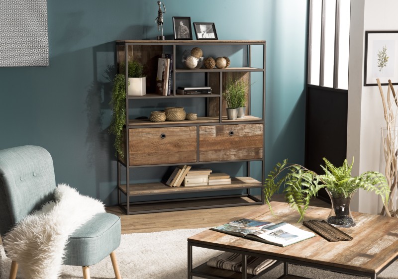 SIXTINE Brown Shelf with 2 Drawers and 7 Niches - Recycled Teak & Acacia Mahogany SIXTINE Brown Shelf with 2 Drawers and 7 Niches - Recycled Teak & Acacia Mahogany