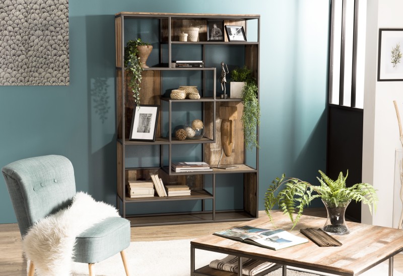 Bibliothèque Rangement 6 Cases Avec Portes - 90x89x29 Cm, Chêne & Métal, Design Moderne Pour Salon Ou Bureau