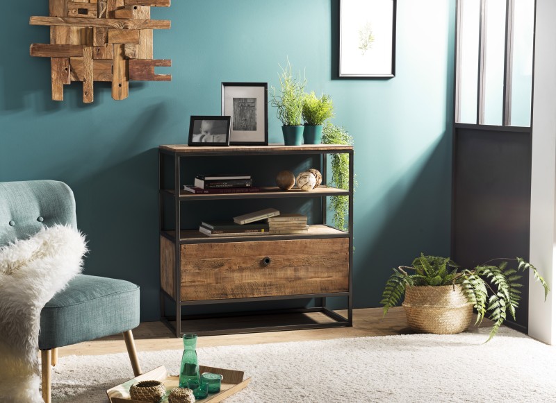SIXTINE Brown Shelf with 1 Drawer - Recycled Teak Acacia Mahogany and Black Metal