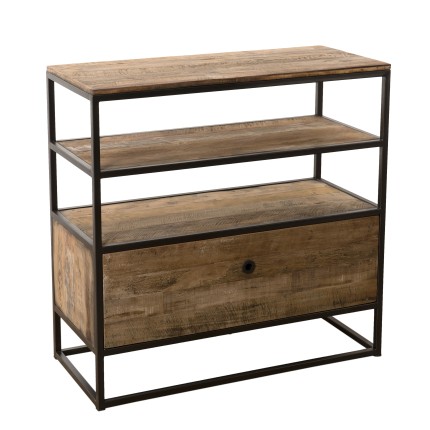 SIXTINE Brown Shelf with 1 Drawer - Recycled Teak Acacia Mahogany and Black Metal