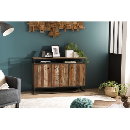 SIXTINE Brown Buffet 3 Doors 1 Shelf Recycled Teak Acacia Mahogany Metal