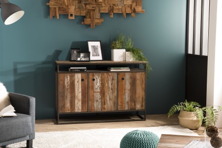 SIXTINE Brown Buffet 3 Doors 1 Shelf Recycled Teak Acacia Mahogany Metal