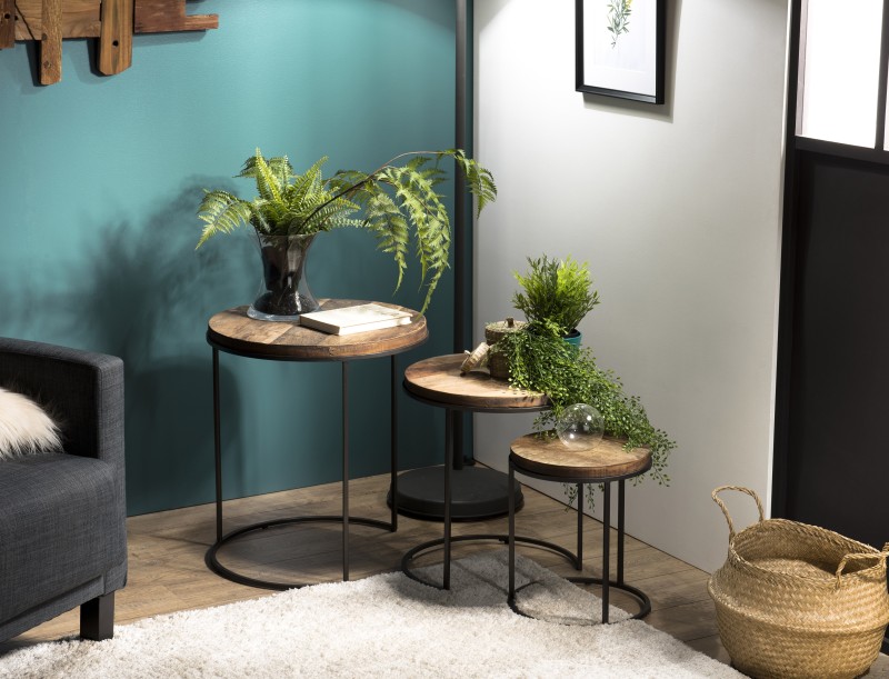 SIXTINE Set of 3 Round Brown Side Tables - Recycled Teak Acacia Mahogany Black Metal Legs SIXTINE Set of 3 Round Brown Side Tables - Recycled Teak Acacia Mahogany Black Metal Legs