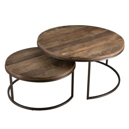 Set 2 tables basses gigognes rondes Teck Acacia Mahogany métal noir