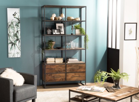 SIXTINE - Brown 4 Tier 4 Drawer Recycled Teak and Black Metal Shelf