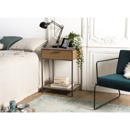 CARLA Bedside Table - Teak Wood and Metal - 1 Drawer 1 Shelf