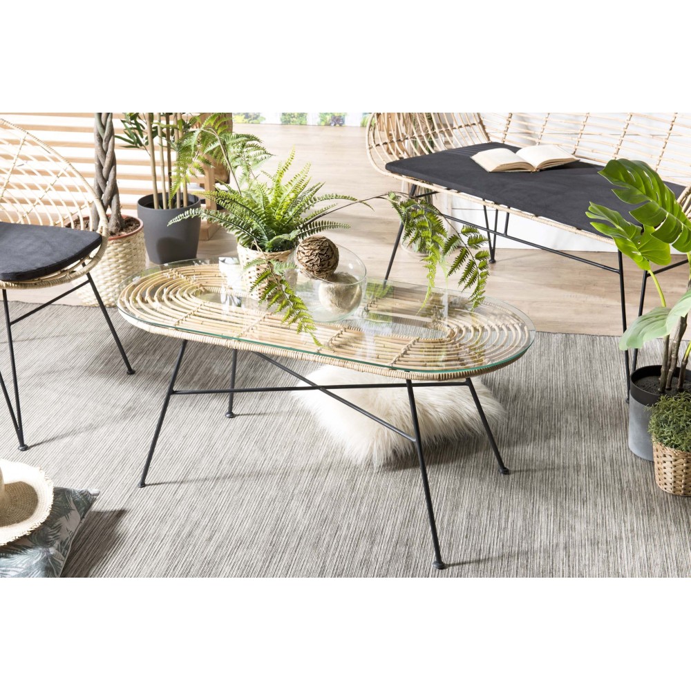 CAMILLE - Natural Rattan and Black Metal Coffee Table 100x45cm