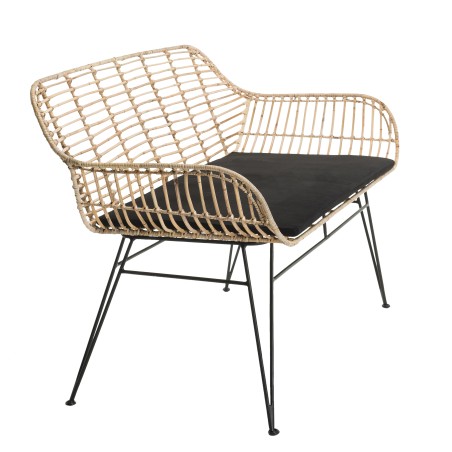 CAMILLE - 2 Seater Natural Rattan Sofa with Black Cushion