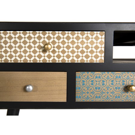 Table basse LEON noire 8 tiroirs marrons motifs Pin