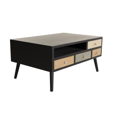 Table basse LEON noire 8 tiroirs marrons motifs Pin