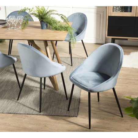 TOM - Set of 2 Blue Velvet Chairs with Black Metal Legs
