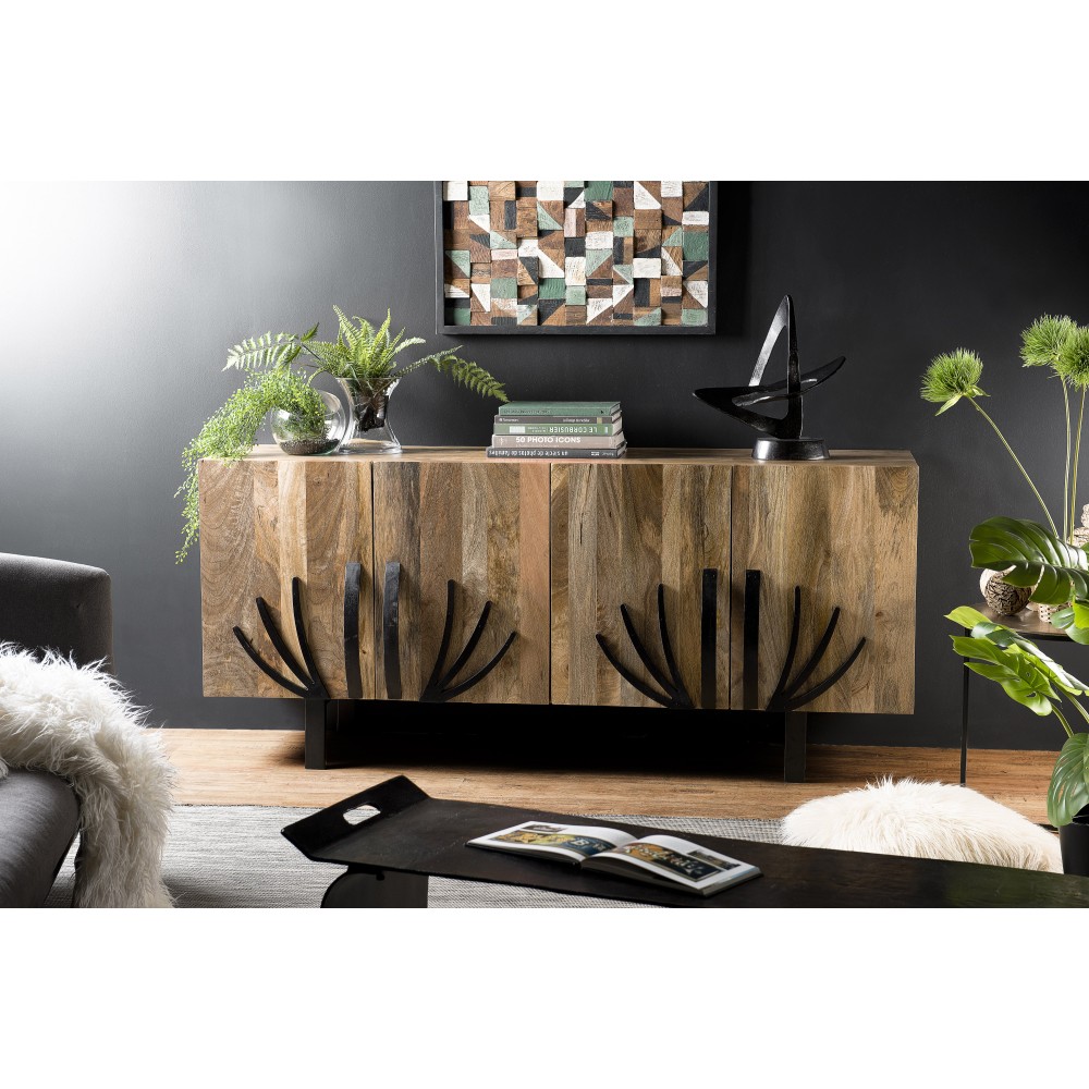 INDRA Mango Wood Sideboard 177x45cm 4 Doors 2 Decorative Shelves Metal Legs INDRA Mango Wood Sideboard 177x45cm 4 Doors 2 Decorative Shelves Metal Legs