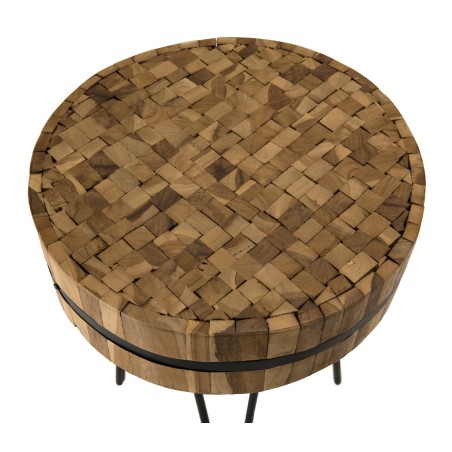 SAM - Table d'appoint ronde 45x45cm bois Teck recyclé cerclée métal pieds épingles métal noir