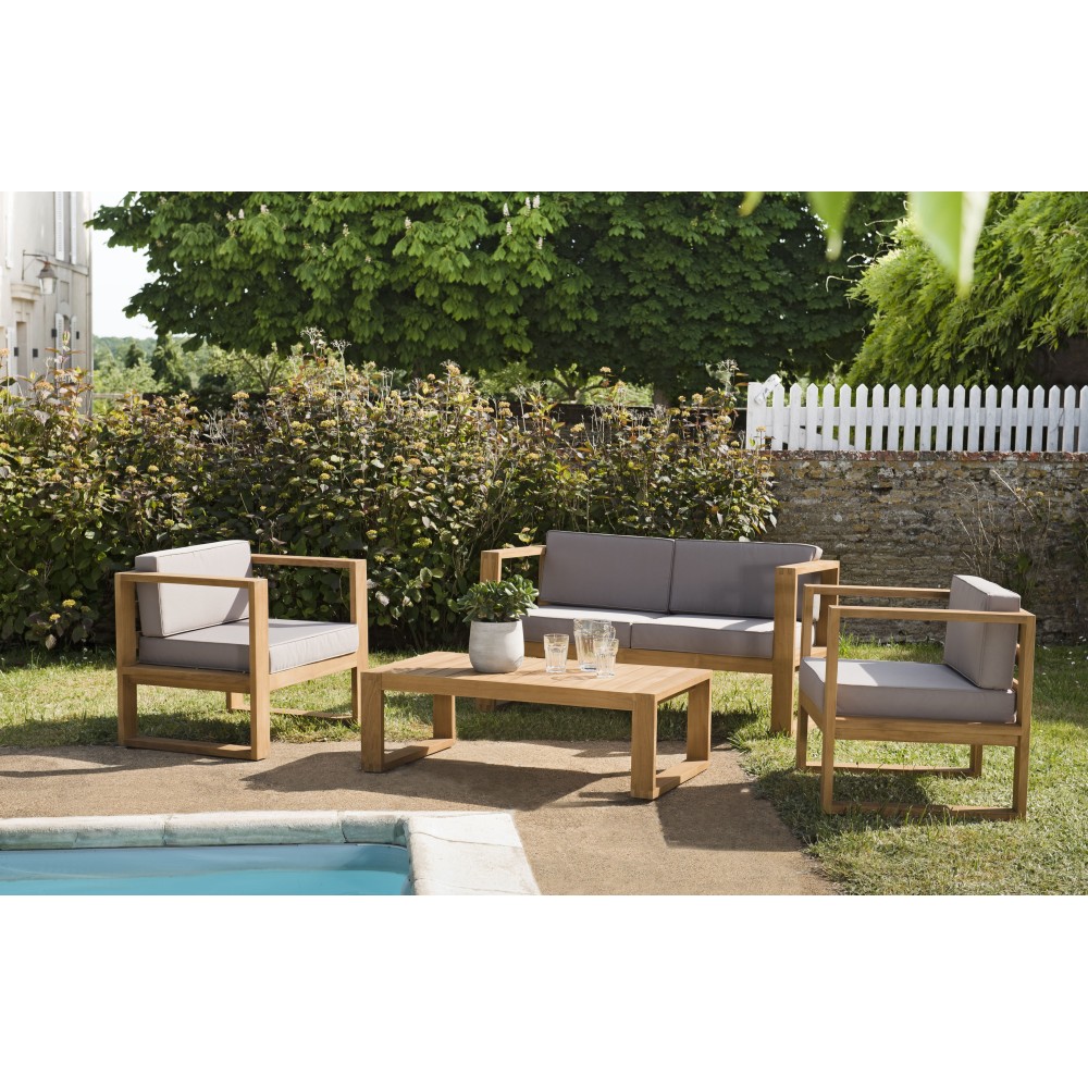 KIM Teak Wood Garden Furniture Set - Premium Solid Teak - 1 Sofa, 2 Armchairs, Coffee Table KIM Teak Wood Garden Furniture Set - Premium Solid Teak - 1 Sofa, 2 Armchairs, Coffee Table