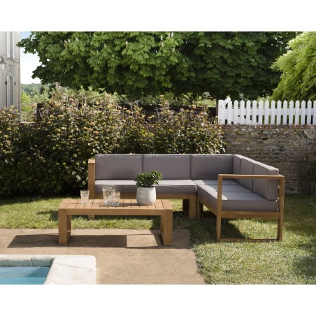 Salon de jardin en bois teck - Canapé d'angle 5p. et table basse rectangulaire