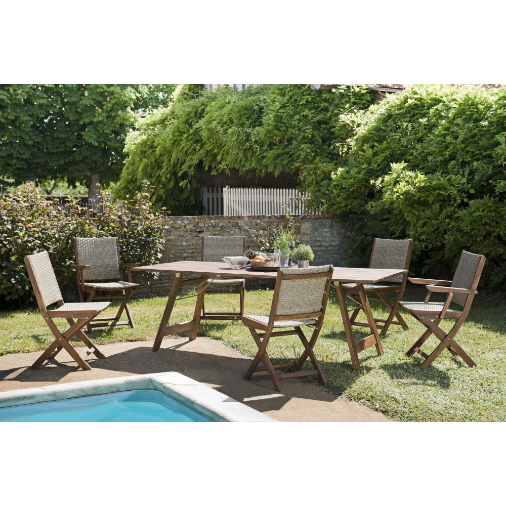 Victoire Acacia Wood Garden Furniture Set for 6/8 People | 220 x 90 cm Table, 4 Chairs, 2 Folding Armchairs Victoire Acacia Wood Garden Furniture Set for 6/8 People | 220 x 90 cm Table, 4 Chairs, 2 Folding Armchairs