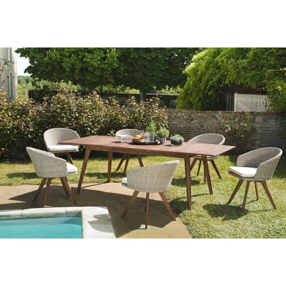 Salon de jardin VICTOIRE en bois 8/10 pers - Table extensible et fauteuils en rotin Salon de jardin VICTOIRE en bois 8/10 pers - Table extensible et fauteuils en rotin