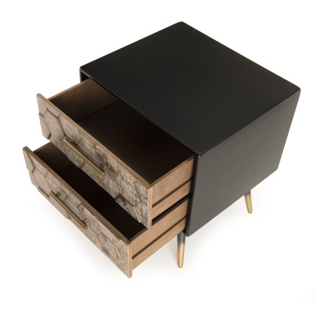 Chevet DORRIE noir 2 tiroirs - Bois de sapin marqueté