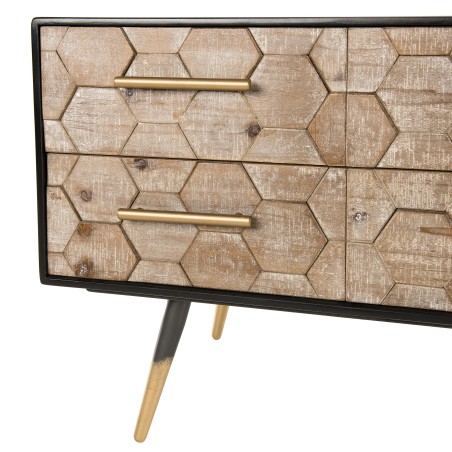 Meuble TV DORRIE noir 6 tiroirs scandi bois Sapin marqueté