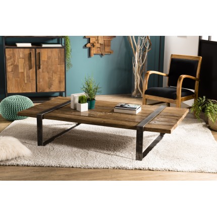 MATHIS Multi-Slatted Coffee Table - Solid Brown Wood & Anthracite Grey Metal Frame