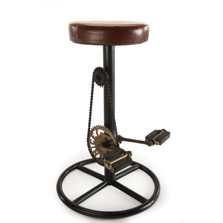 Tabouret de bar industriel ROMAIN - Cuir marron et métal noir