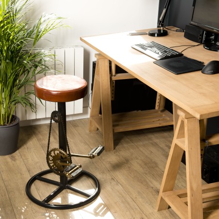 ROMAIN Industrial Bar Stool - Brown Leather & Black Metal