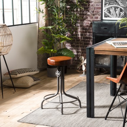 Tabouret industriel ROMAIN cuir marron hauteur ajustable