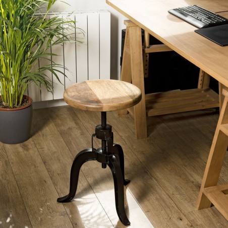 ROMAIN - Industrial Stool Wooden Seat Adjustable Height Black Metal