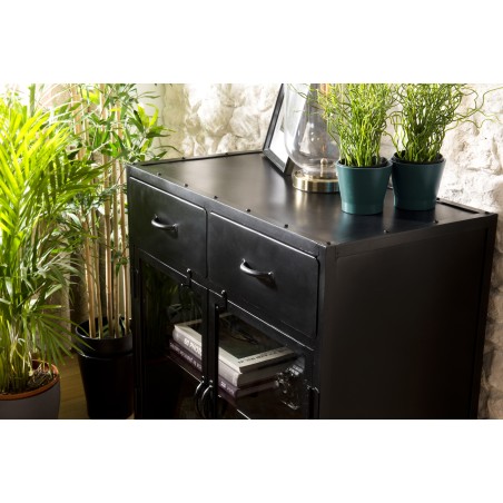 ROMAIN Industrial Black Metal Sideboard - 2 Doors, 2 Drawers