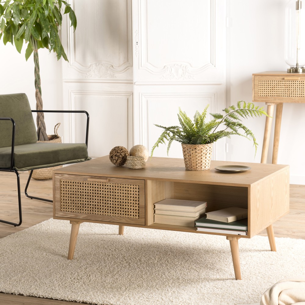 Table basse RODRIGO bois cannage 2 tiroirs 1 niche Table basse RODRIGO bois cannage 2 tiroirs 1 niche