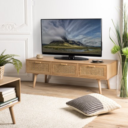 Meuble TV RODRIGO - Bois de frêne et rotin - 3 tiroirs