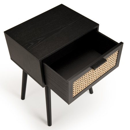 ANGELO Black Wooden Bedside Table with 1 Drawer and Cane Finish