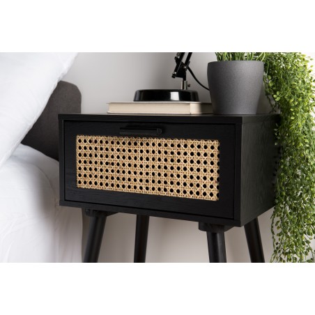 ANGELO Black Wooden Bedside Table with 1 Drawer and Cane Finish