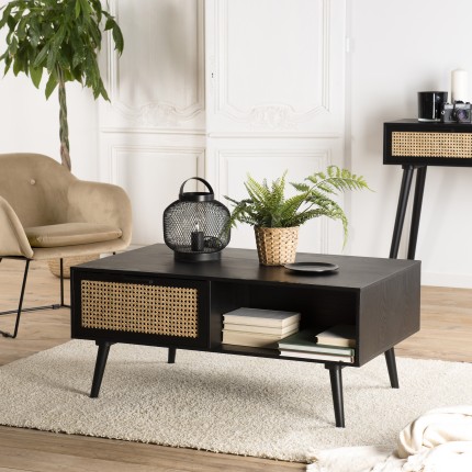 Table basse noire bois ANGELO - 2 tiroirs et 1 niche en cannage