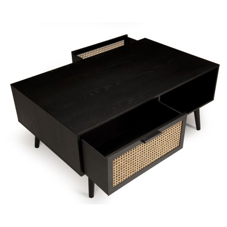 Table basse noire bois ANGELO - 2 tiroirs et 1 niche en cannage