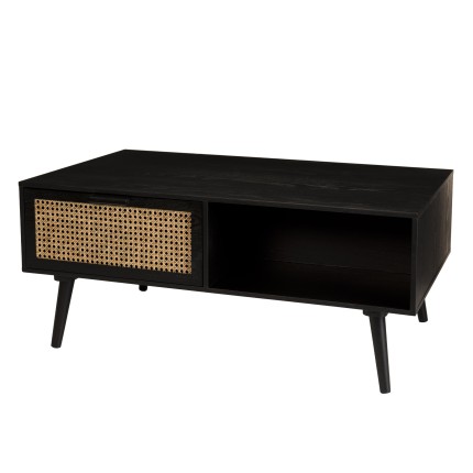 Table basse noire bois ANGELO - 2 tiroirs et 1 niche en cannage