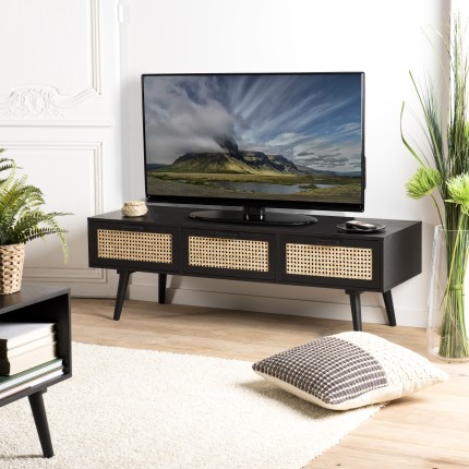 ANGELO Black Wooden TV Stand with 3 Drawers and Cane Finish